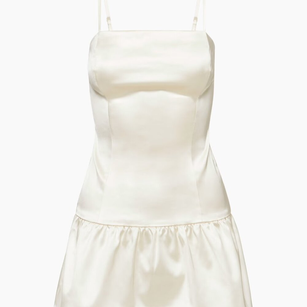 Aritzia Sunday Best Ivory Satin Drop Waist Bubble Hem Mini Dress Size Small